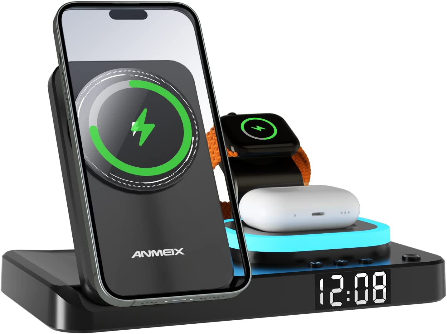 Magnetic Wireless Charger,3 in 1 Magnetic Charging Station,For Mag-Safe Charger with QC3.0 Adapter, for Iphone 14/13/12/11/X/8, for Iwatch, for Airpods 3/2/Pro, for Samsung Galaxy Z Fold3/4  Anmeix   