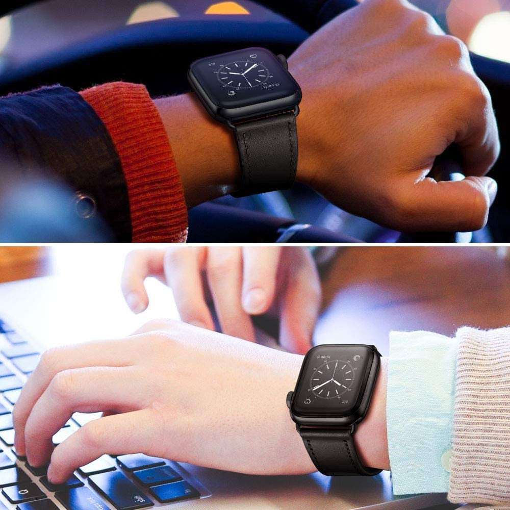 OUHENG Compatible with Apple Watch 49Mm 45Mm 44Mm 42Mm, Genuine Leather Band Replacement Strap Compatible with Apple Watch Ultra Series 8/7/6/5/4/3/2/1/SE2/SE, Black Band with Black Adapter  OUHENG   