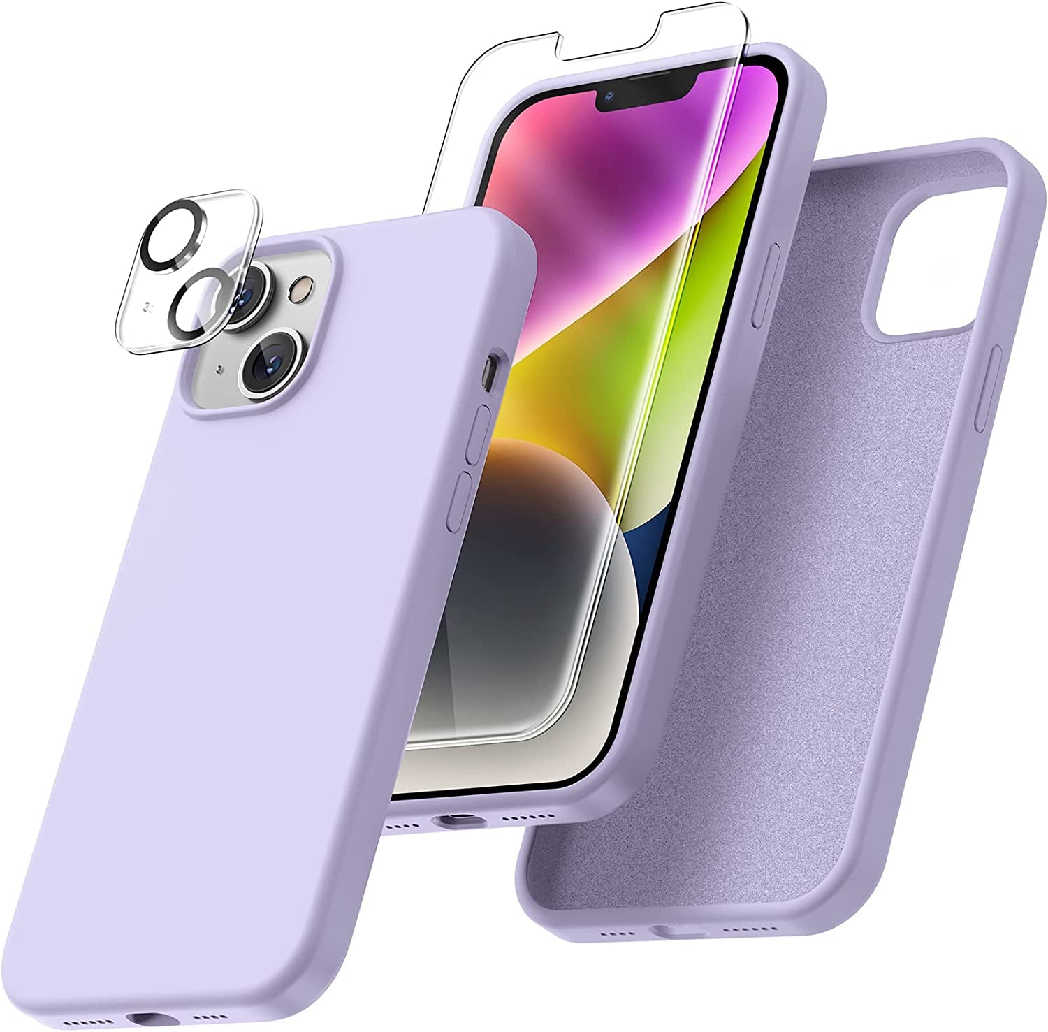 Uyiton [5 In1] Liquid Silicone Iphone 12 PRO Max Case, [Drop Protection] [Full Covered] Shockproof Slim Thin Cover with Microfiber Lining, with 2Xscreen Protector +2Xcamera Lens Protector-Green  Uyiton 14P-Light Purple Iphone 14 Plus 