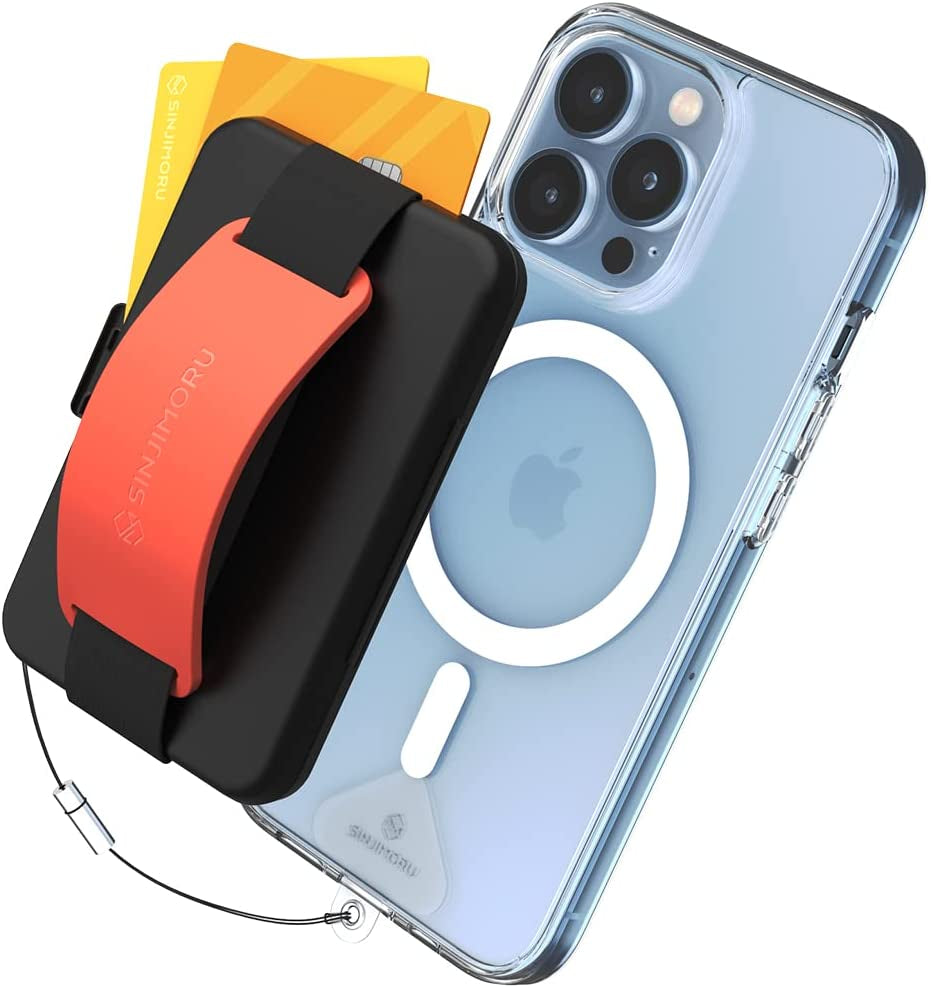 Sinjimoru Secure Magnetic Wallet as Phone Grip Stand for Magsafe Wallet, Cell Phone Wallet Stick on with Phone Kickstand & Phone Grip Holder for Iphone 12/13 and 14 Series. M-Card Zip Black  Sinjimoru Co.Ltd M-Card Zip Clementine Wallet for Magsafe 