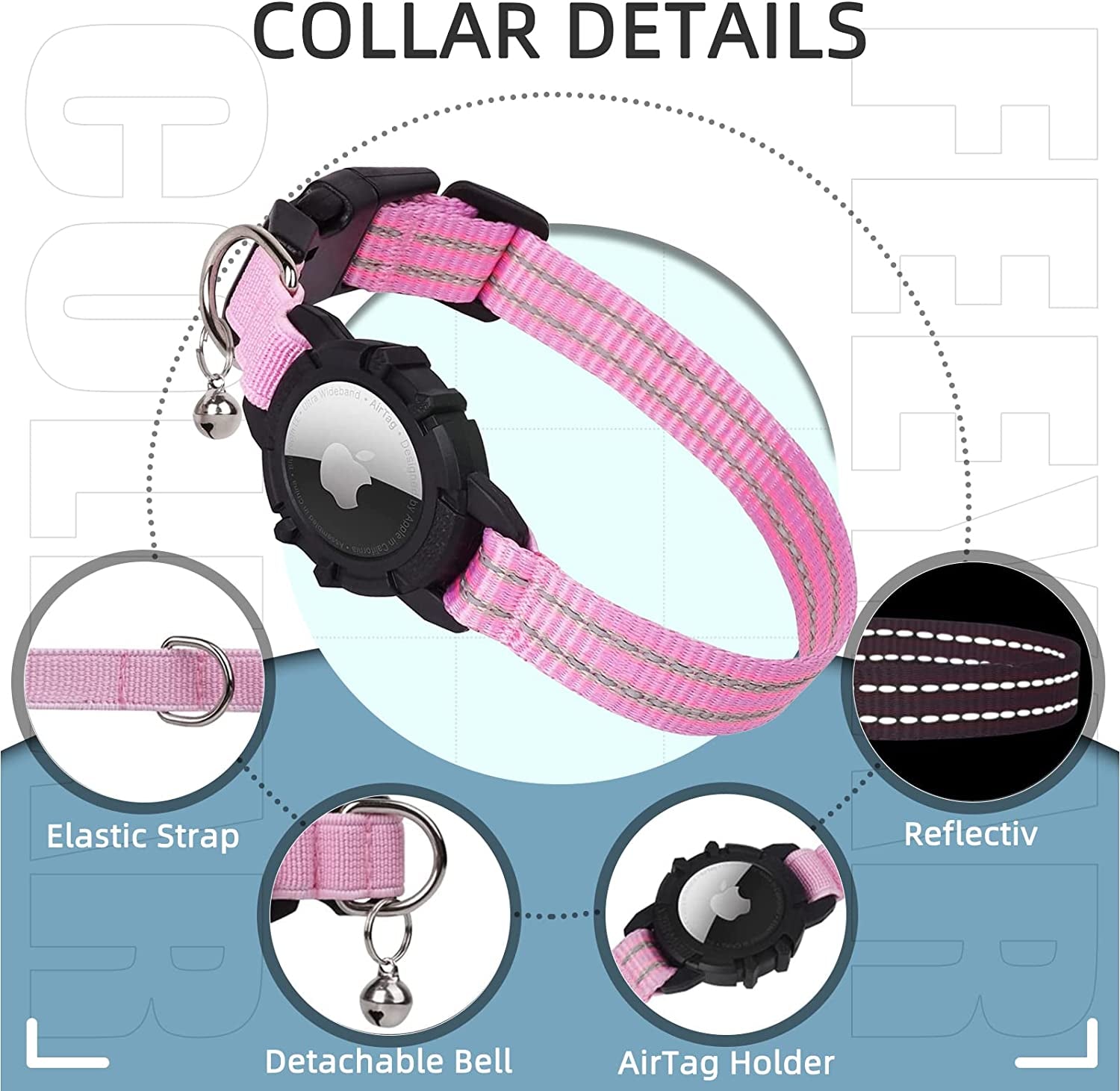 FEEYAR Airtag Cat Collar,Integrated Kitten Collar with Apple Airtag Holder, Reflective GPS Cat Collar with Bell[Pink], Lightweight Tracker Cat Collars for Girl Boy Cats, Kittens and Puppies  FEEYAR   
