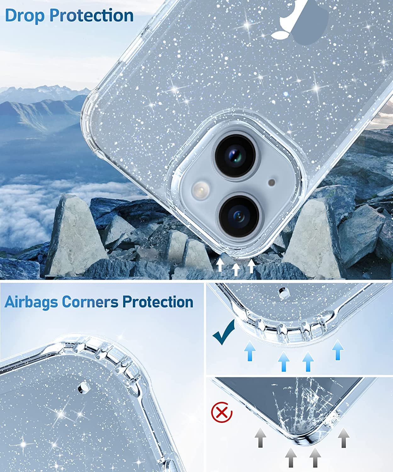 MIODIK for Iphone 14 Case with Screen Protector + Camera Lens Protector, [Non-Yellowing] Clear Glitter Phone Case, [Military-Grade Protective] Shockproof Women Cover for 6.1 Inch - Sparkle Clear  MIODIK   