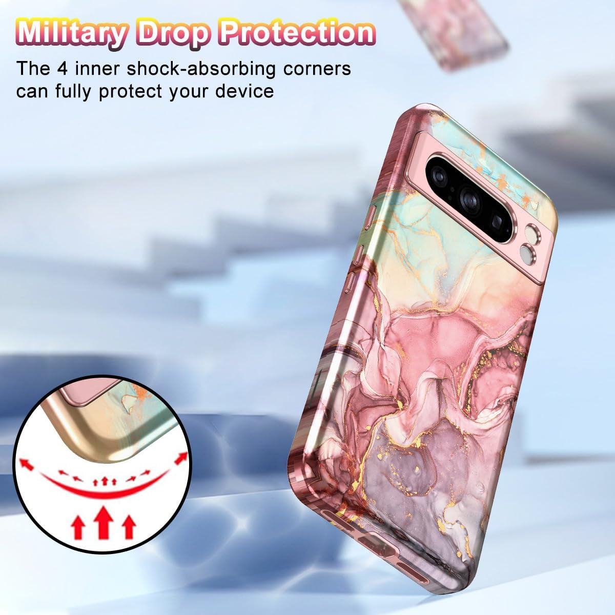 Btscase for Google Pixel 8 Pro Case (2023), Marble Pattern 3 in 1 Heavy Duty Shockproof Full Body Rugged Hard Pc+Soft Silicone Drop Protective Women Girl Cover for Google Pixel 8 Pro, Rose Gold  Btscase   