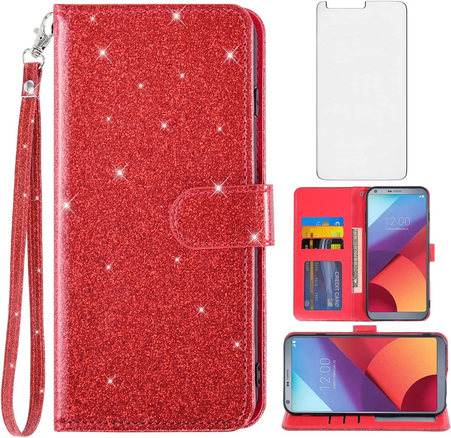 Asuwish Phone Case for LG G6 with Tempered Glass Screen Protector and Glitter Wallet Cover Card Holder Slot Stand Kickstand Cell Flip LGG6 Thinq LG6 Thin Q G 6 plus G6+ 6G VS988 H872 Women Men Purple  Asuwish Red  