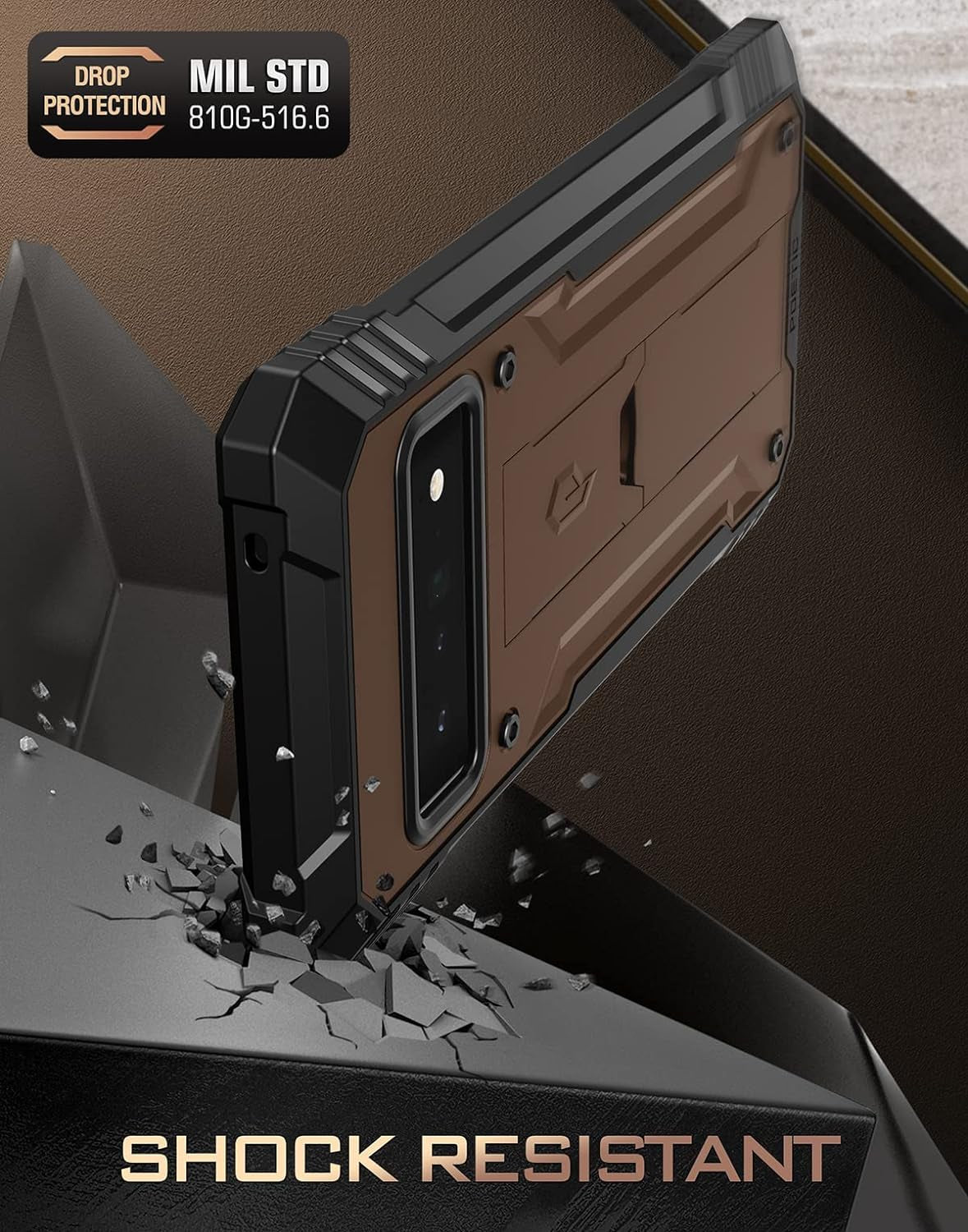 Poetic Revolution Case for Google Pixel 6 Pro 5G, Built-In Screen Protector Work with Fingerprint ID, Full Body Rugged Shockproof Protective Cover Case with Kickstand, Brown  Poetic   