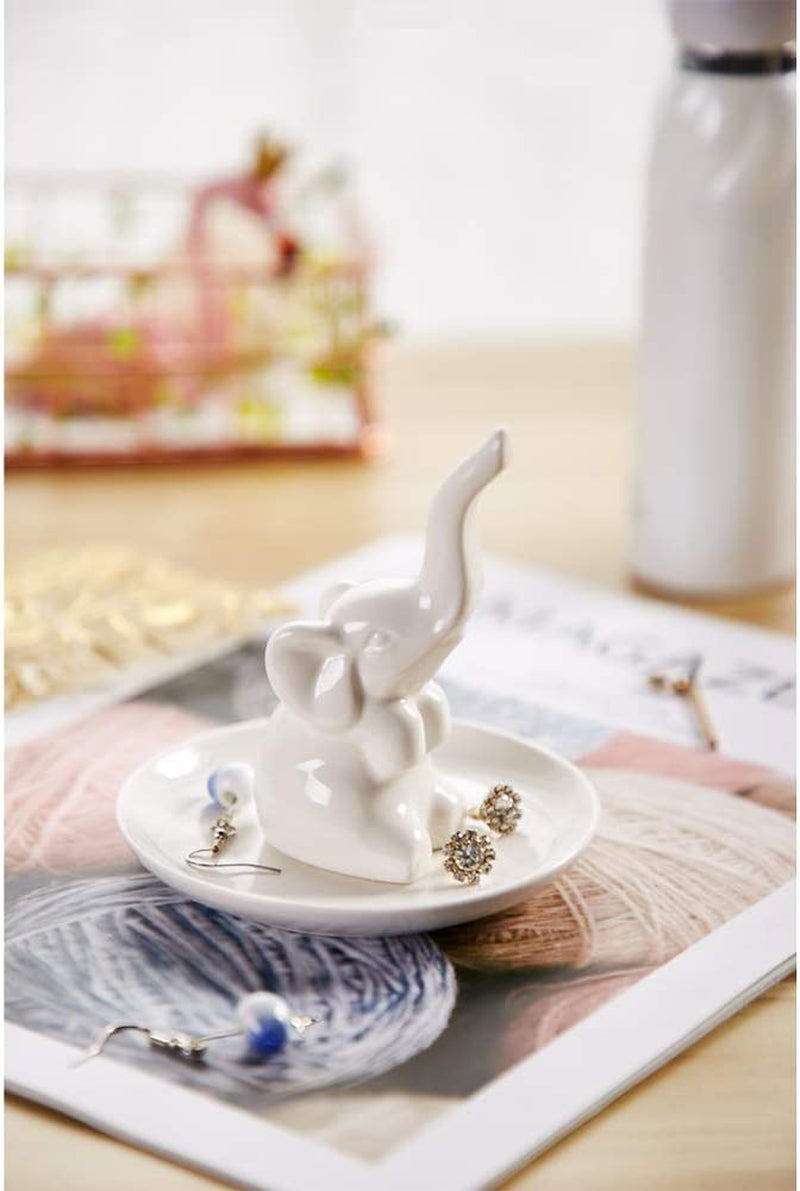HOME SMILE Elephant Ring Dish Holder for Jewelry,Elephant Gifts for Women Chritsmas,Engagement Wedding Trinket Trays,Ceramic White  QY   