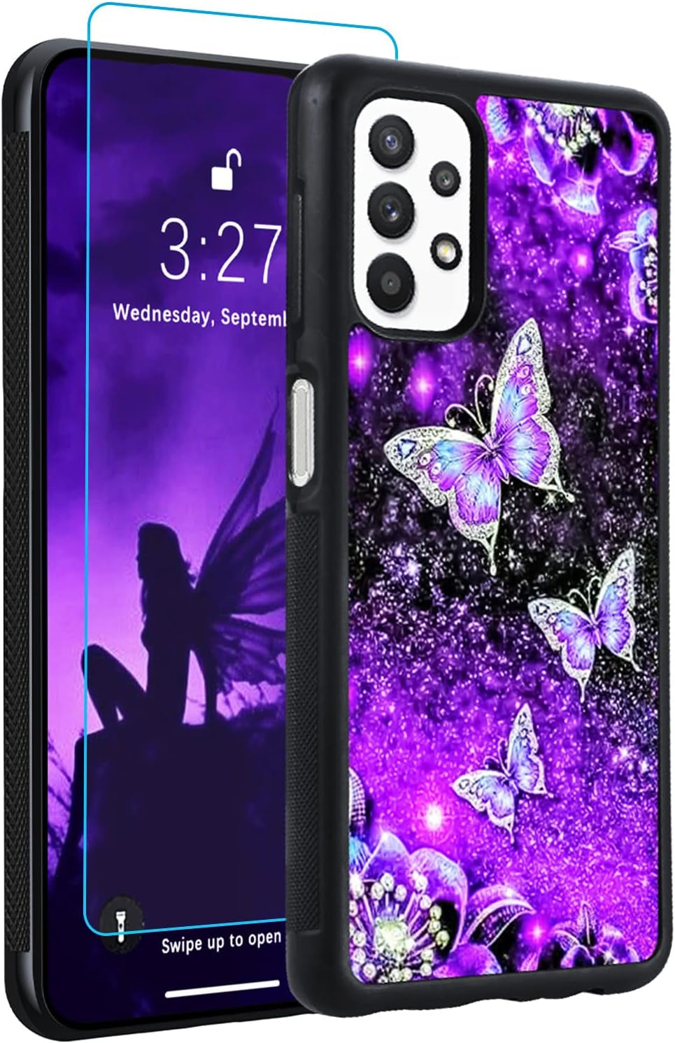 OOK Designs for Samsung Galaxy A53 Case Glitter Purple Butterfly Nebula Space Design Hard Pc+Soft TPU Bumper Anti-Slip Ultra Thin Cover Protective Shockproof Case for Galaxy A53  OOK A32 Case  
