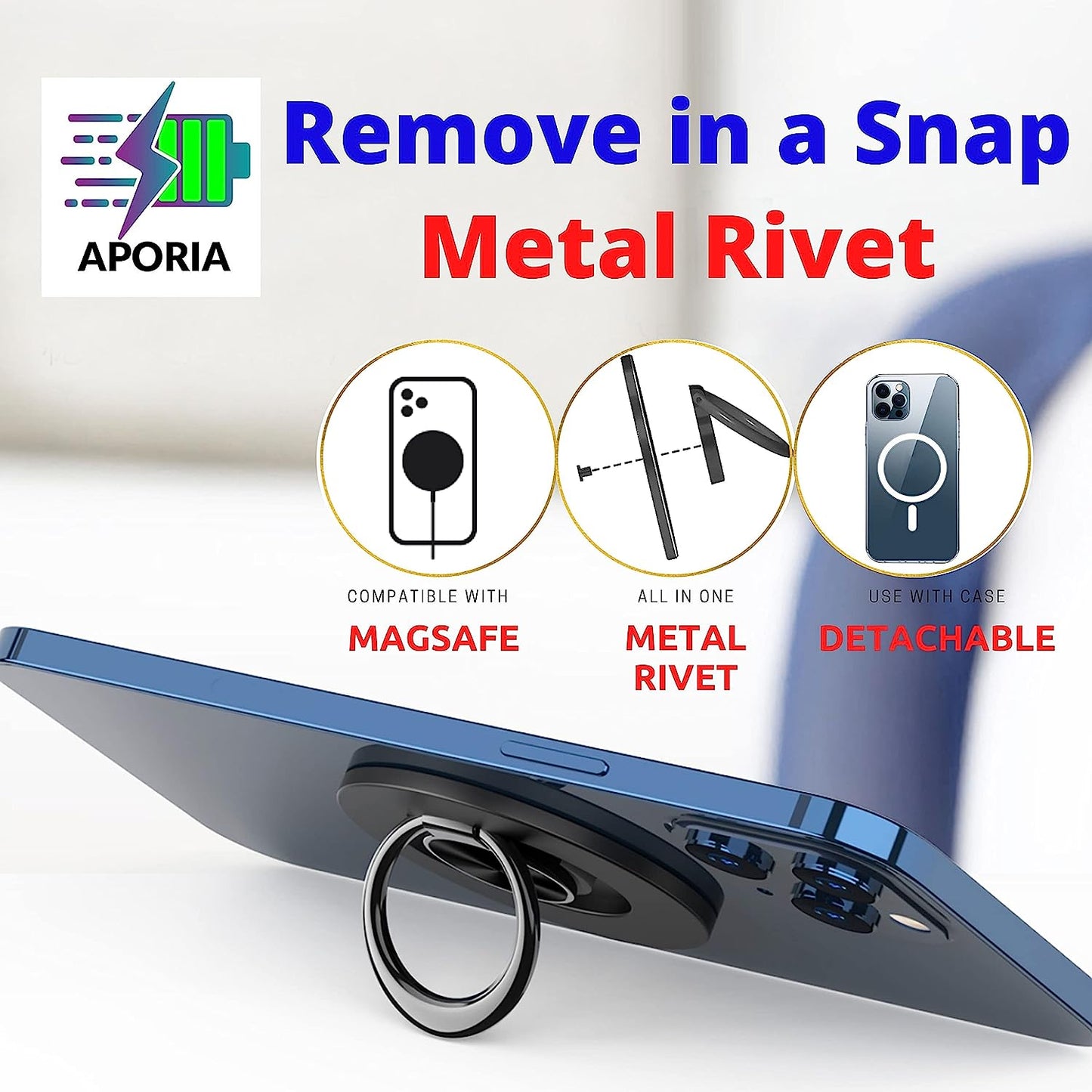 Aporia - Compatible for Magsafe Phone Ring Holder for Iphone 14 13 12 Mini Pro Max plus Finger Ring Grip Stand | Removable Detachable Metal Gripper (Black)  Aporia International   