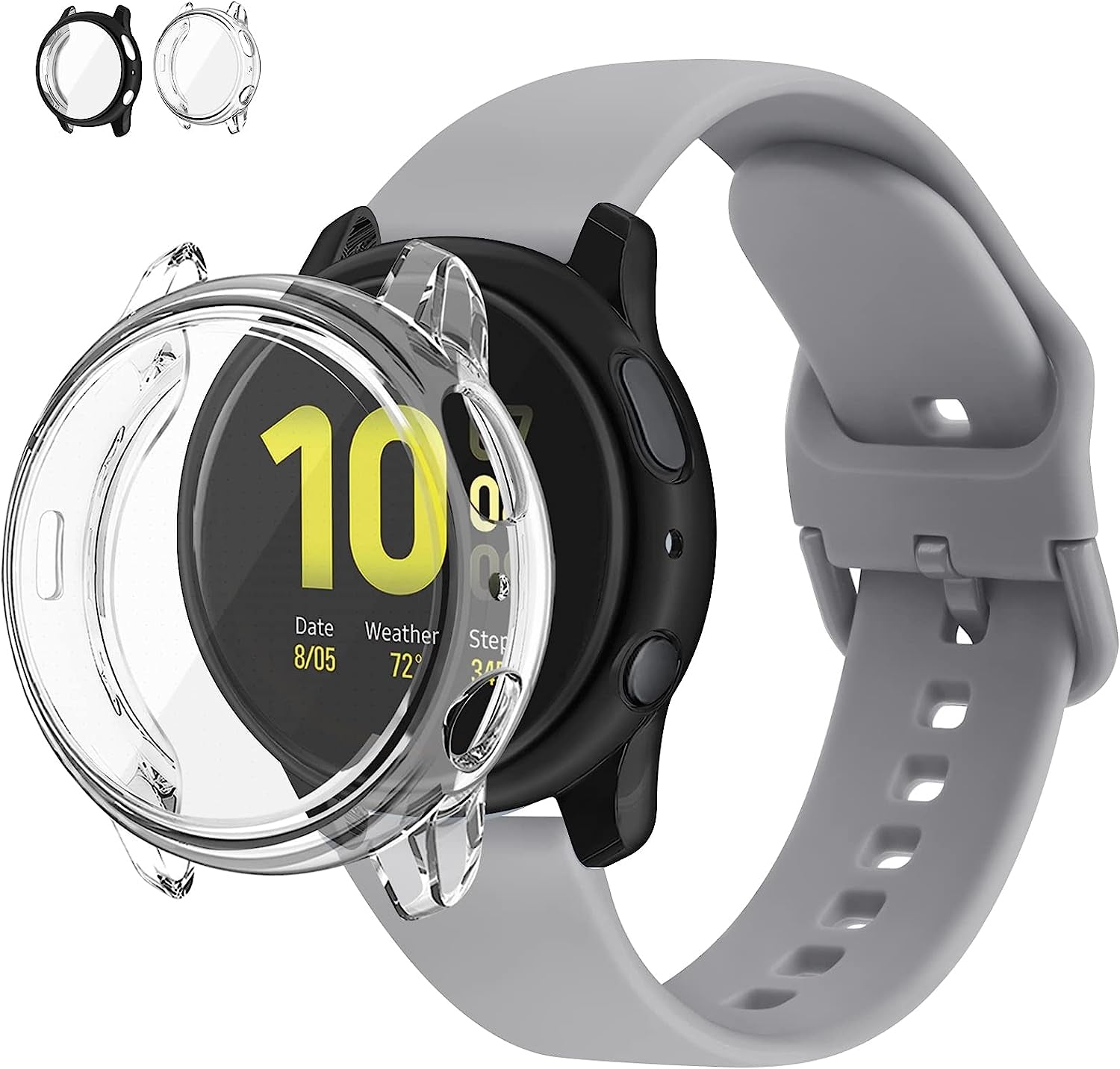 Mugust Screen Protector Cases with Band Compatible for Samsung Galaxy Watch Active 2 40Mm & 44Mm, TPU Protective Case Band Silicone Sport Wristband Strap for Men Women  Mugust Gray (Clear+Black) for Galaxy Watch Active 2 44mm 