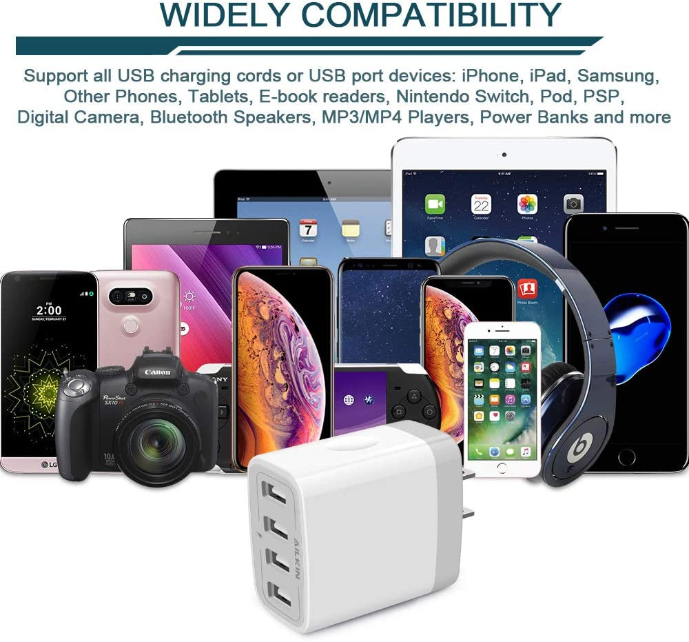 USB Charger Cube, Wall Charger Plug, AILKIN 4.8A 4-Muti Port Adapter Power Plug Charging Station Box Base Replacement for Iphone 14 13 12 11 Pro Max/X/8/7, Ipad, Samsung Phones  Shenzhen Putuo Technology Co.,Ltd   