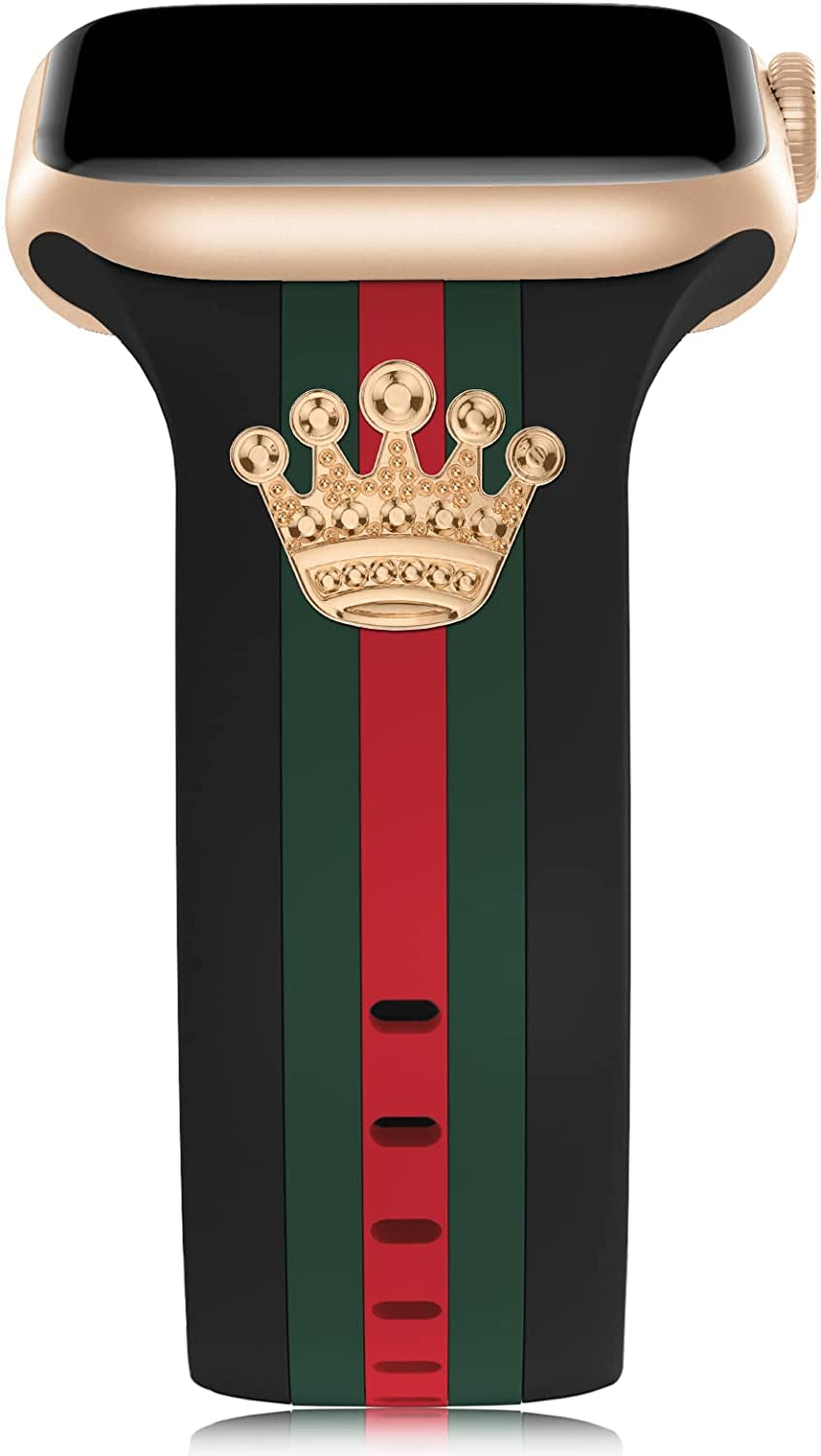Designer Band with Charms Decor Compatible with Apple Watch Band 38Mm 40Mm 41Mm 42Mm 44Mm 45Mm 49Mm Women Men, Stylish Silicone Sport Wristbands for Iwatch Series 8 7 6 5 4 3 2 1 SE Ultra  Bagoplus Black/Green/Red with Crown 42mm/44mm/45mm/49mm 