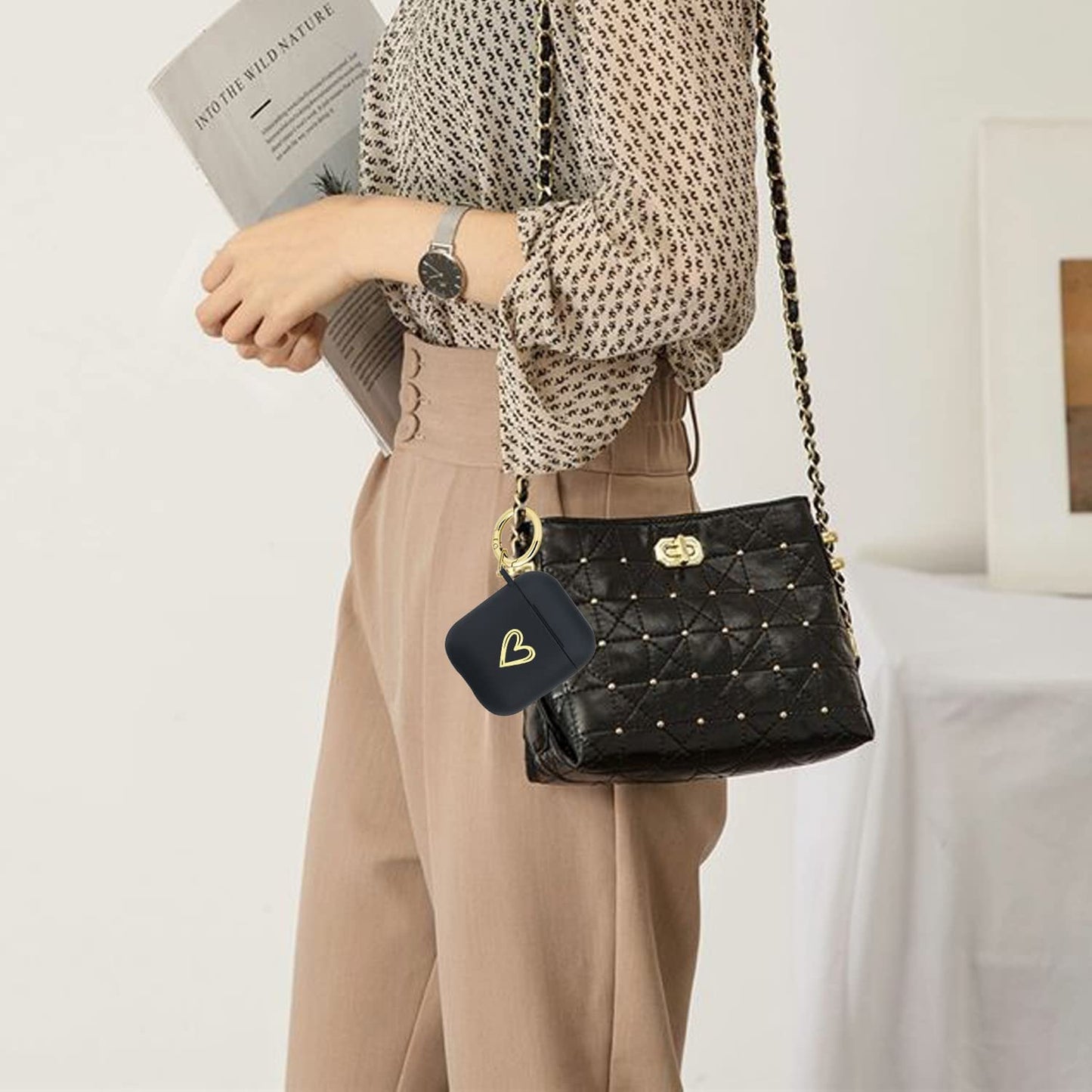 Wonjury Airpods Case Soft TPU Gold Heart Pattern Cute with Keychain Shockproof Cover Case for Girls Woman Apple Airpods 2 &1 - Black  Wonjury   