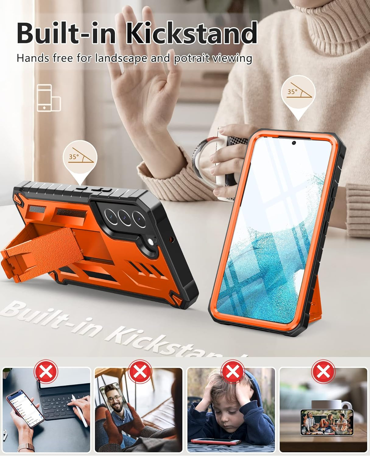 Soios for Samsung Galaxy S22 Protective Case: Military Grade Drop Proof Protection Mobile Phone Cover with Kickstand | Rugged Shockproof TPU Matte Textured Sturdy Phone Bumper (Orange)  SOiOS   