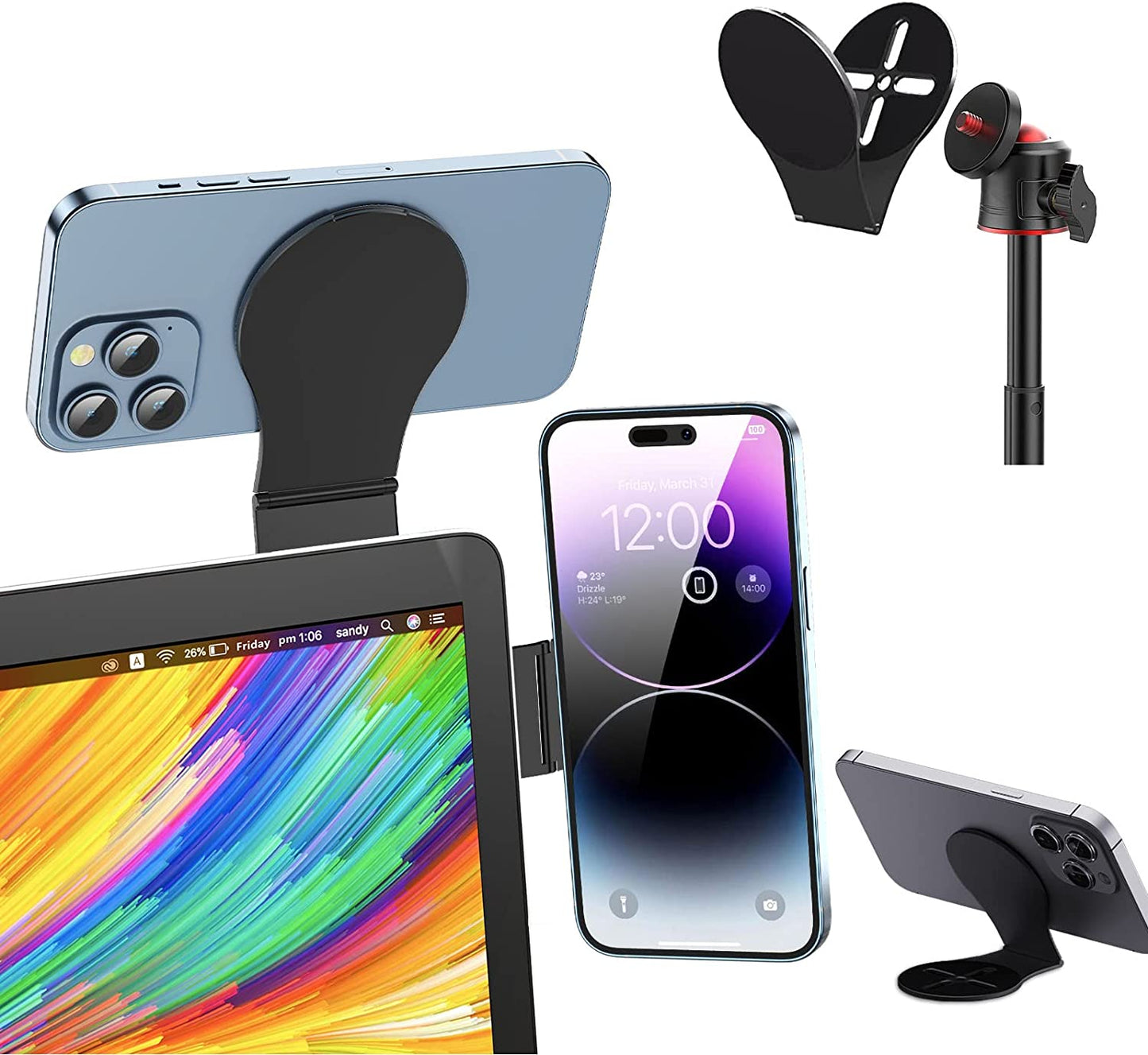 Jkoailiwi Multifunctional Magnetic Phone Holder for Laptop/Continuity Camera/Tripod/Tesla, Foldable Monitor Slim Side Webcam Mount, Portable Desktop Kickstand for Magsafe Iphone 14/13/12 & All Phones  Jkoailiwi   