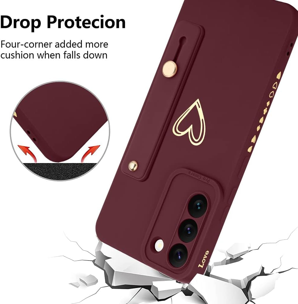 Fiyart Galaxy S22 5G Case - Cute Love Hearts, Slim Protective Cover, Camera Protection, Stand Holder & Wrist Strap, 6.1" - Wine Red  Fiyart   