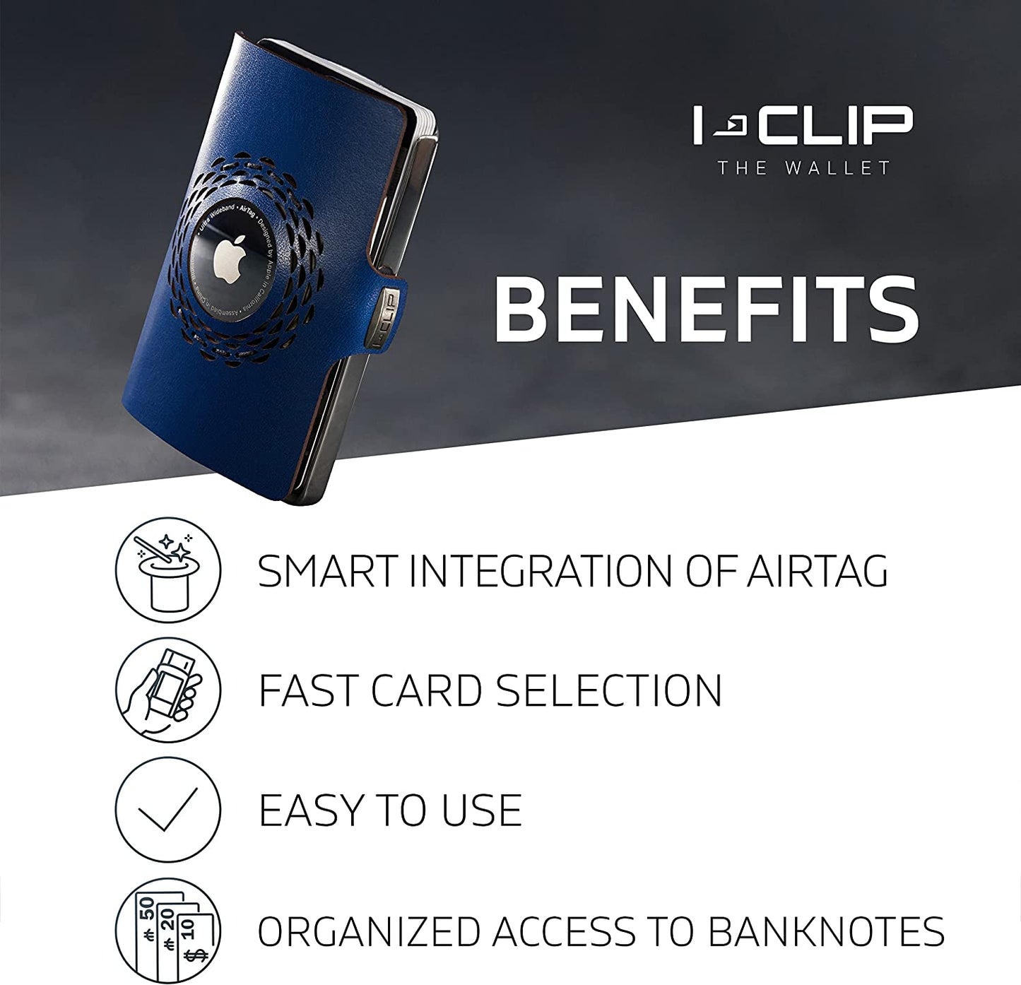 I-CLIP Stainless Steel for Apple Airtag with Interchangeable Moneyclip - Wallet - Slim Wallet - Wallet Compatible with Airtag - Steel Polished Deep Blue  Flux Design GmbH   