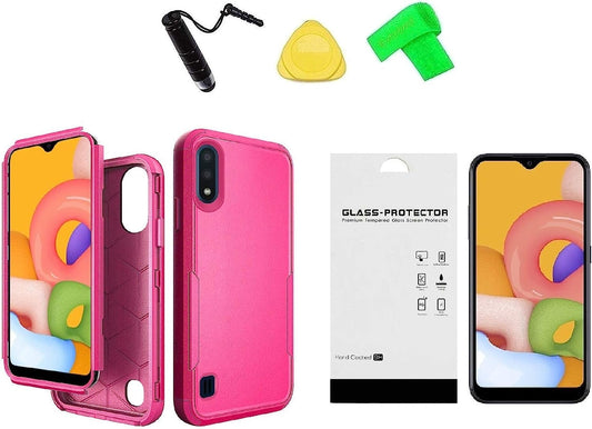 For Samsung Galaxy A01 S111DL SM-A015 Tuff Anti-Slip Hybrid Cover Phone Case + Tempered Glass + Extreme Band + Stylus Pen + Pry Tool (Pink)  ExtremeCases   
