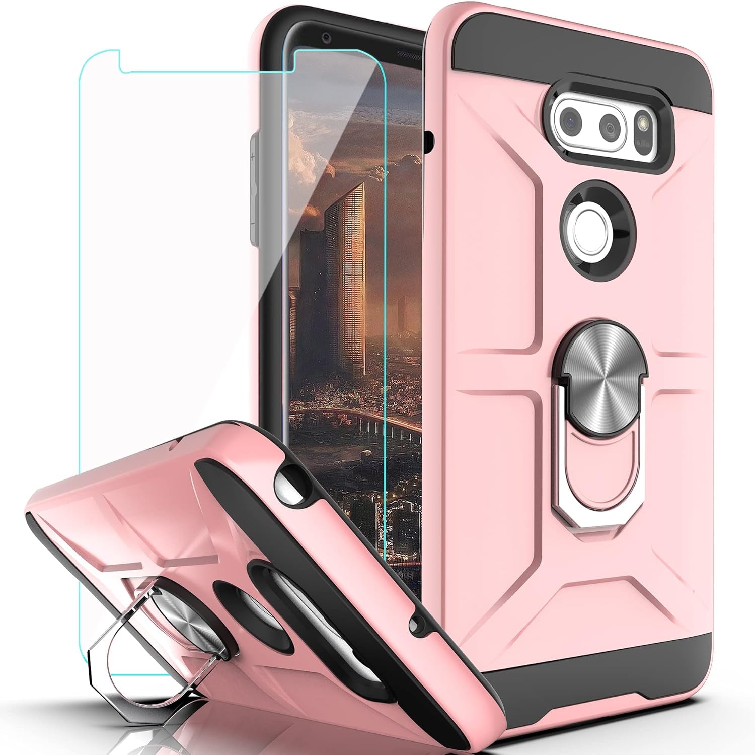 Ymhxcy Case Compatible with LG V35 Thinq/V30/V30 Plus/ V30S Thinq/ V35 Case with HD Screen Protector,360 Degree Rotating Ring Kickstand Holder Dual Layers of Shockproof Case for V30-ZS (Zs-Red)  YmhxcY Zs-Rose Gold  
