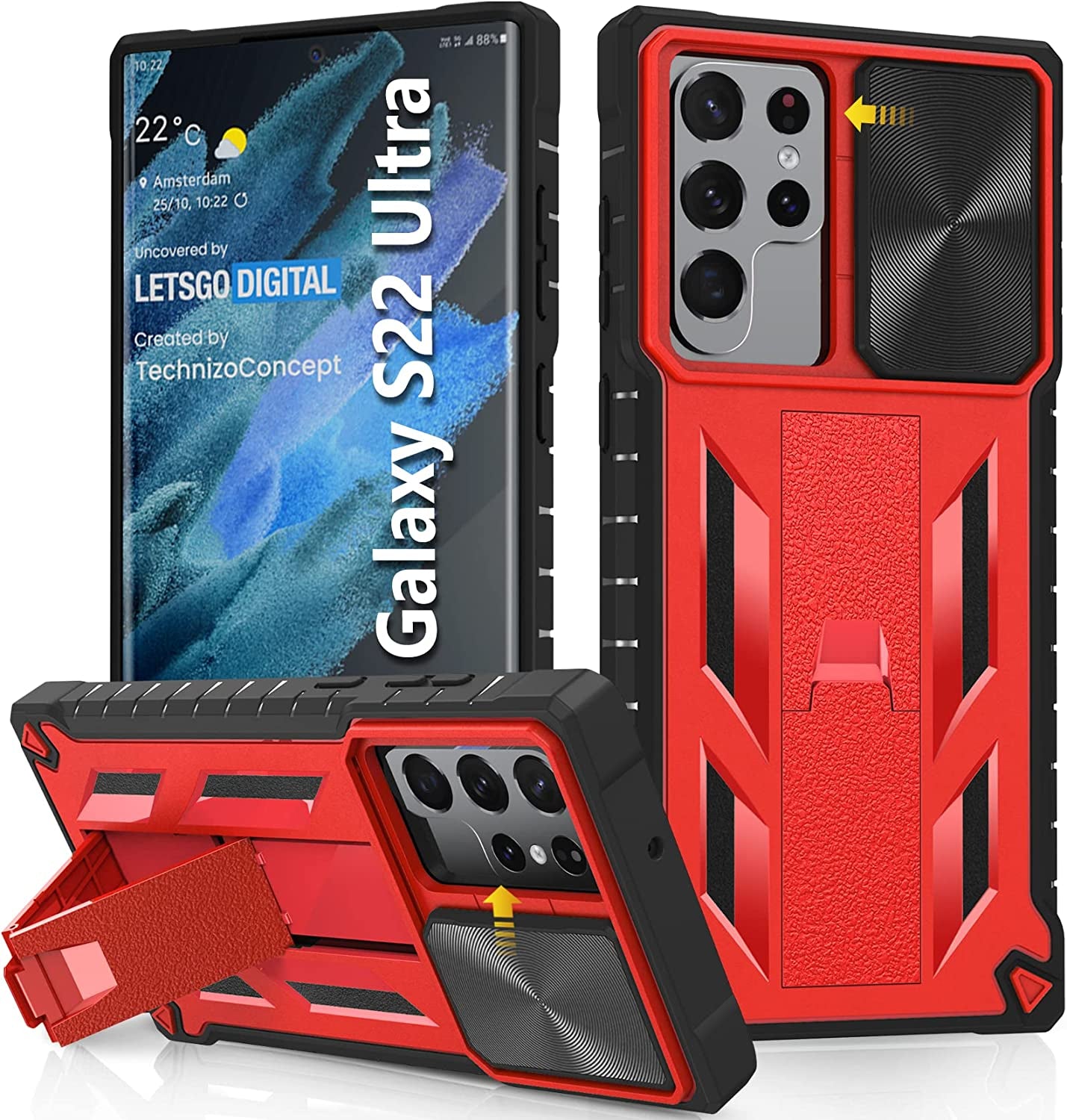 For Samsung Galaxy S22 Ultra Case: Military Grade Drop Proof Rugged Protective S22Ultra 5G Phone Cover with Built-In Screen Protector & Kickstand |Shockproof Bumper Dual Layer 360 Full Protection  SOiOS Red S22 Ultra 