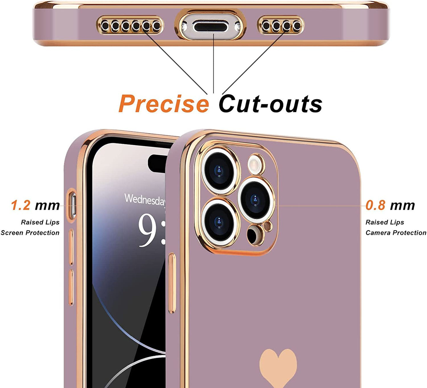 Teageo for Iphone 14 Pro Case for Women Girl Cute Love Heart Luxury Plating Soft Bling Back Cover Raised Full Camera Protection Bumper Silicone Shockproof Phone Case for Iphone 14 Pro, Lavender  janzee   