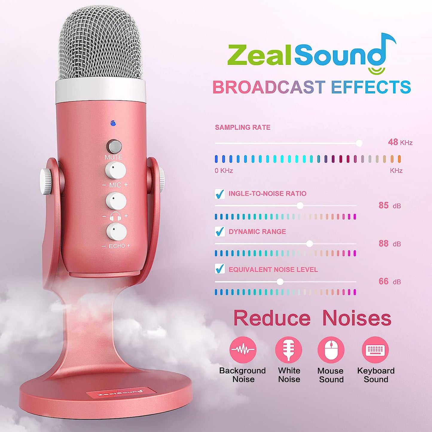 Zealsound Gaming USB Microphone,Pink Microphone with Quick Mute for Phone Computer PC Ps5,Studio Mic with Gain Control,Echo&Monitor Volume Adjust for Streaming Vocal Recording ASMR Podcast Video K66  ZealSound   