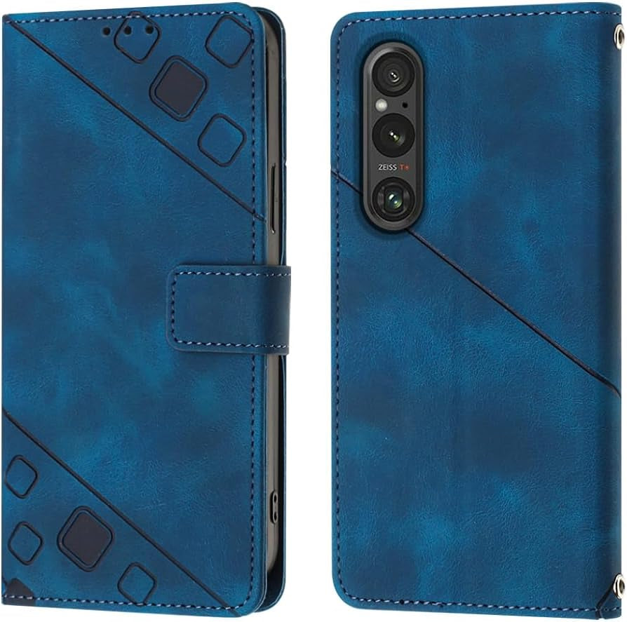 NVWA Compatible with Sony Xperia 1 V Case Wallet with Credit Card Slots Kickstand Wrist Strap and Long Lanyard Blue Leather Crossbody Protective Cover with Embossed Design  NVWA   