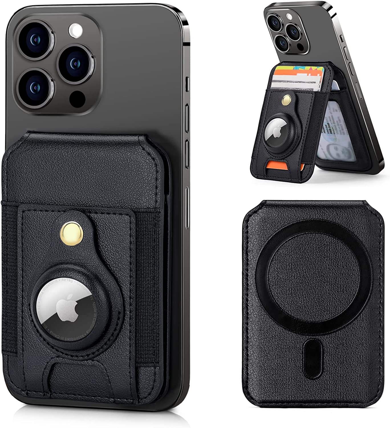 Nuoku Leather Magsafe Wallet with Airtag Holder, Magnetic Phone Wallet with Adjustable Stand for Iphone 14/13/12 Series, NOT Compatible with 13 Mini/12 Mini, Fit 8 Cards, Brown  nuoku Black  