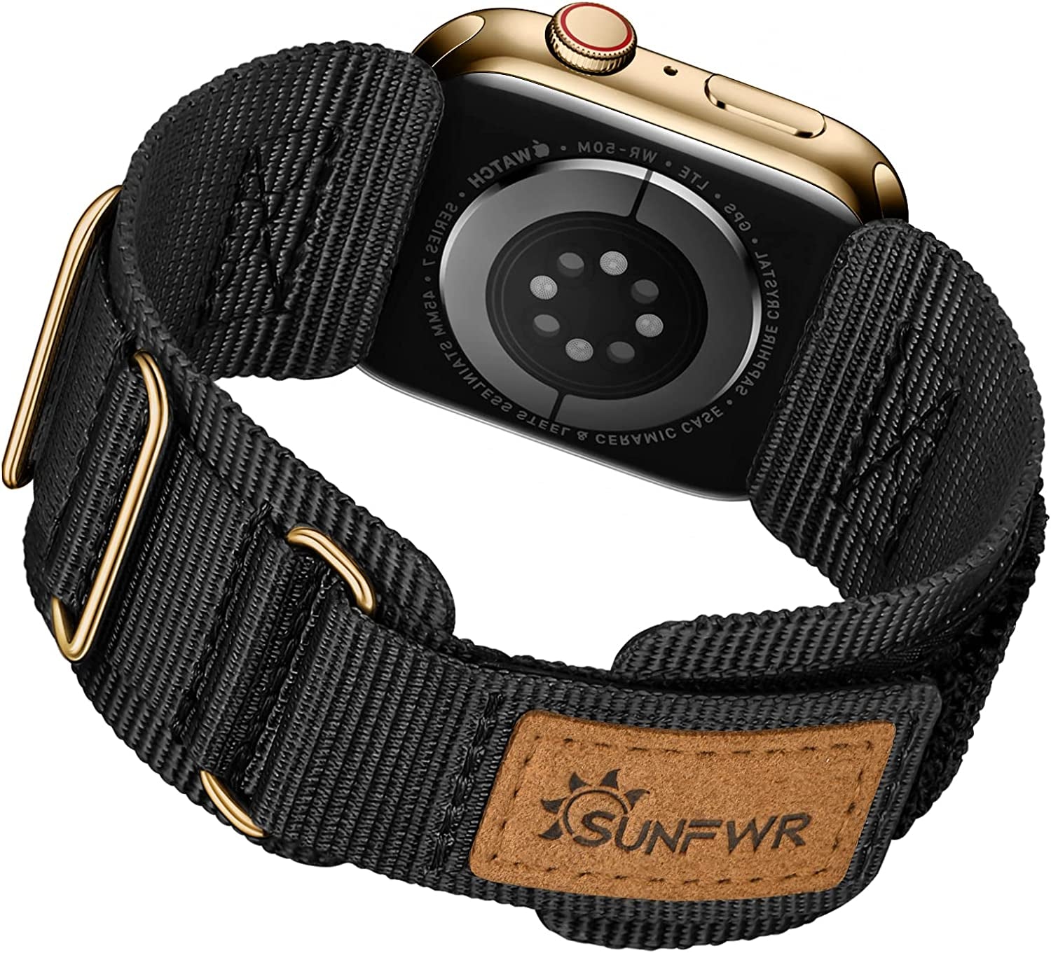 SUNFWR Compatible with Apple Watch Band 42Mm 44Mm 45Mm 49Mm 38Mm 40Mm 41Mm, Rugged Replacement Velcro Strap with Three Buckle Loop Design Tough Nylon Band for Iwatch Ultra Series 8/7/6/5/4/3/2/1/SE  SUNFWR Black Gold 42mm 44mm 45mm 49mm 