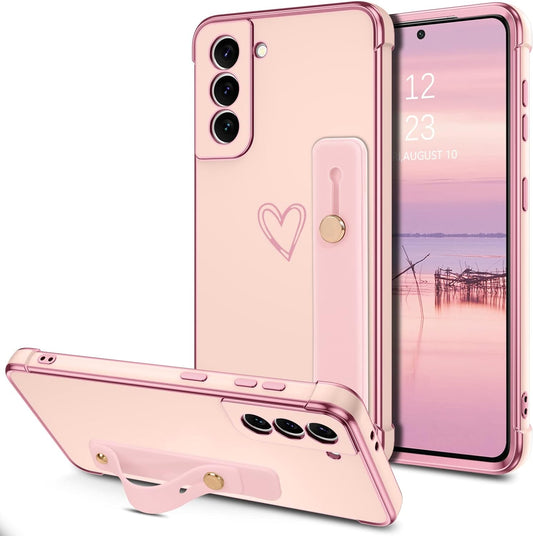Telaso Samsung Galaxy S21 Case, Galaxy S21 Phone Case Love Heart Cute Case with Wristband Kickstand Holder Soft TPU Plating Bumper Protective Slim Shockproof Phone Case Cover for Girls Women, Pink  Telaso   