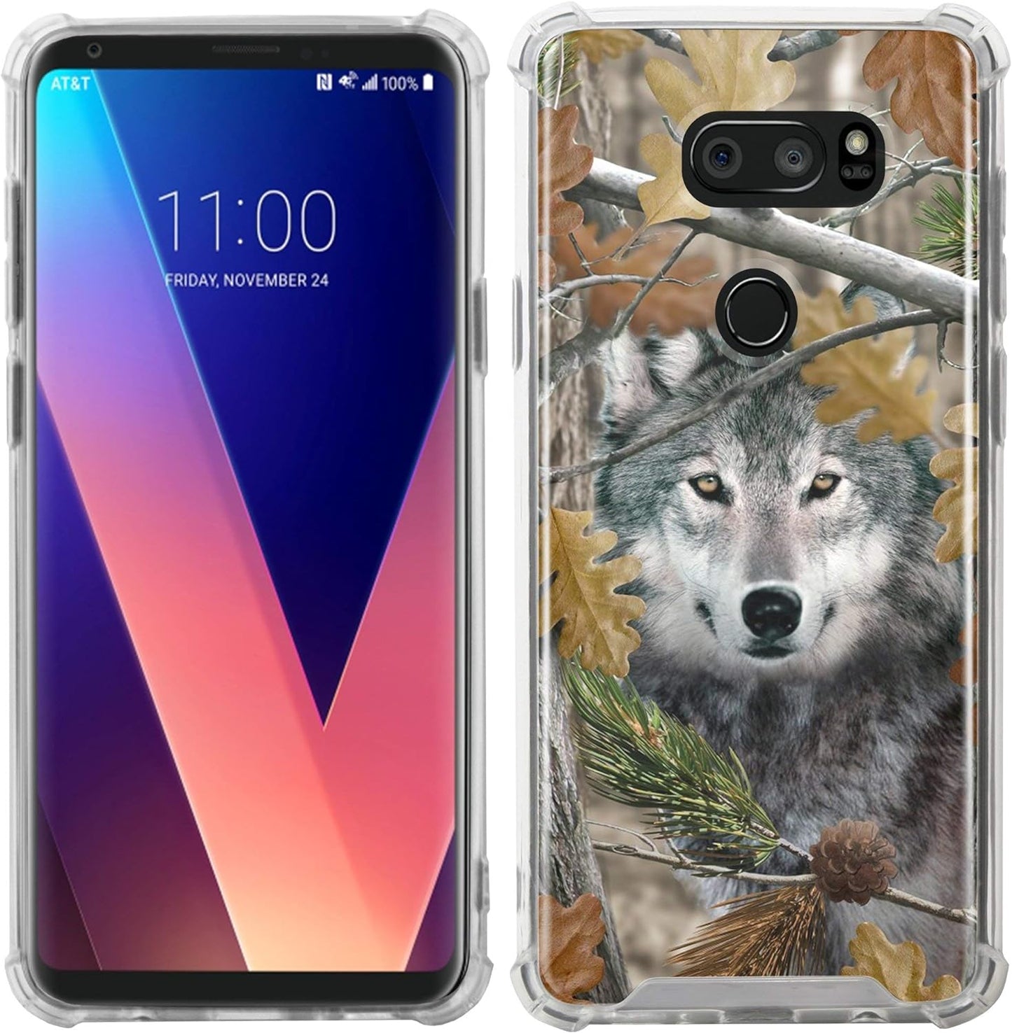 Casesondeck Wolf Case Compatible with [LG V30 and LG V30S Thinq] Hunters Series Max Clarity Bumper, Hard Back Plate Soft TPU Edges for Max Protection (Wolf Tree Camo)  CasesonDeck   