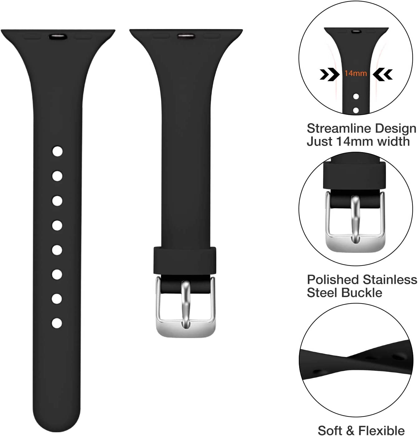Laffav Slim Band Compatible with Apple Watch 49Mm 45Mm 44Mm 42Mm Iwatch SE & Ultra & Series 8/7/6/5/4/3/2/1 for Women Men, Black, S/M  Laffav   