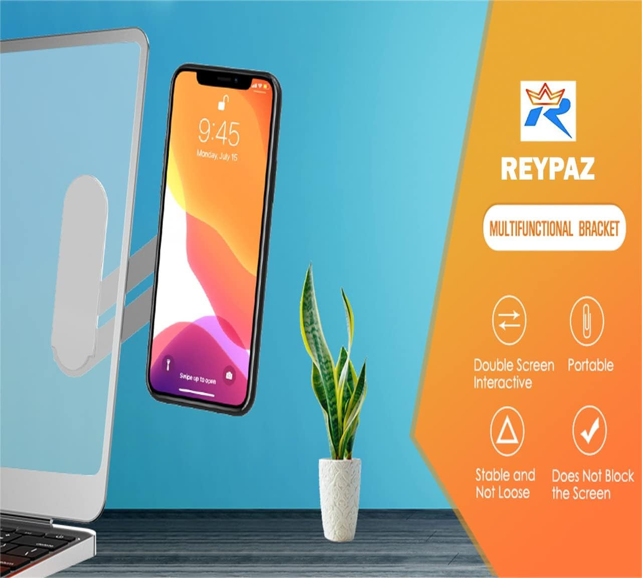 REYPAZ Adjustable Laptop Side Mount Clip, Phone Holder for Laptop - Laptop Stand Computer Monitor Expansion Bracket Compatible with All Cell Phones  REYPAZ   