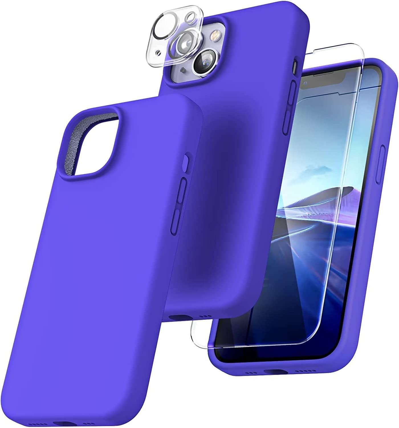 TOCOL [5 in 1 for Iphone 14 Case, with 2 Pack Screen Protector + 2 Pack Camera Lens Protector, Slim Liquid Silicone Phone Case 14 6.1 Inch, [Anti-Scratch] [Drop Protection], Black  TOCOL Very Peri  