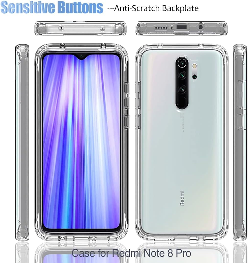 Gufuwo Case for Redmi Note 8 Pro M1906G7I Case with Tempered Glass Screen Protector, Clear 360 Full Body Protection Hard Shell+Soft TPU Bumper Shockproof Cover Case for Xiaomi Redmi Note 8 Pro (Clear)  Gufuwo   