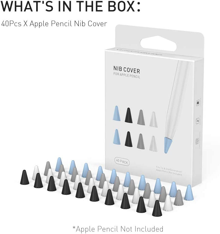 Delidigi 40 Pack Tips Cover for Apple Pencil 2Nd Generation and 1St Gen Silicone Nibs Caps Writing Protection Accessories((Blue+ Black+Grey+ White,40Pack)  Delidigi   