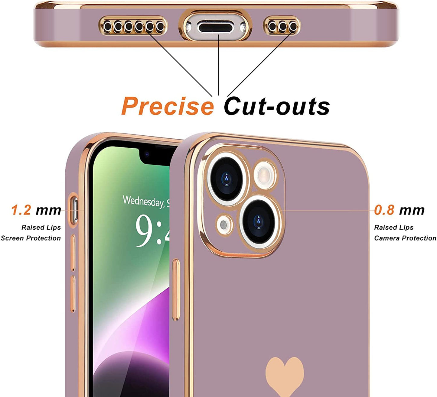Teageo for Iphone 14 Case for Women Girl Cute Love Heart Luxury Electroplate Plating Soft Bling Back Cover Raised Full Camera Protection Bumper Silicone Shockproof Phone Case for Iphone 14, Lavender  janzee   