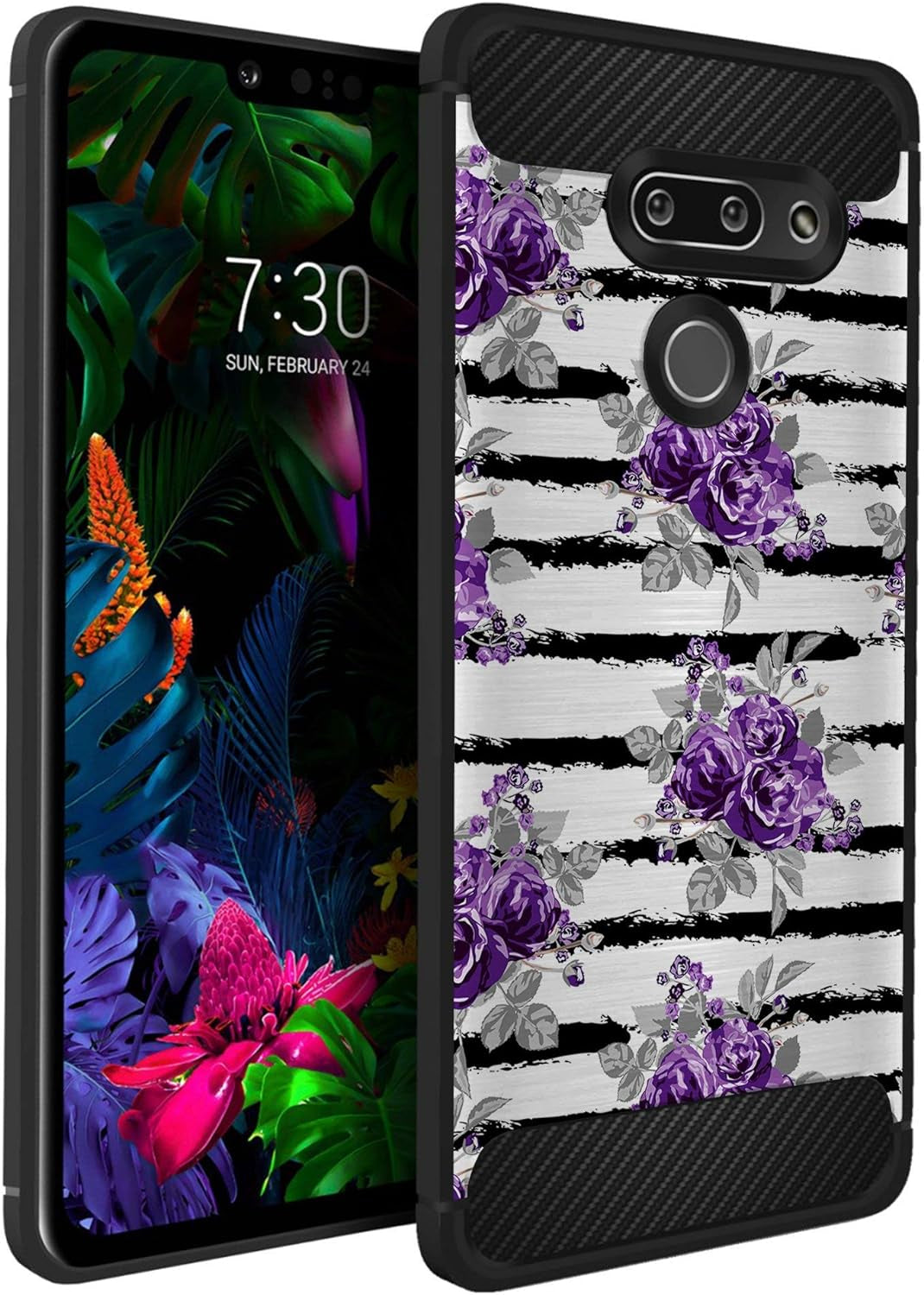 Casesondeck Case Compatible with [LG G8 Thinq/Lg G8] Tribal Floral Matte TPU Flexible Carbon Fiber Textured (Buffalo Western)  CasesonDeck Purple Stripe Flower  
