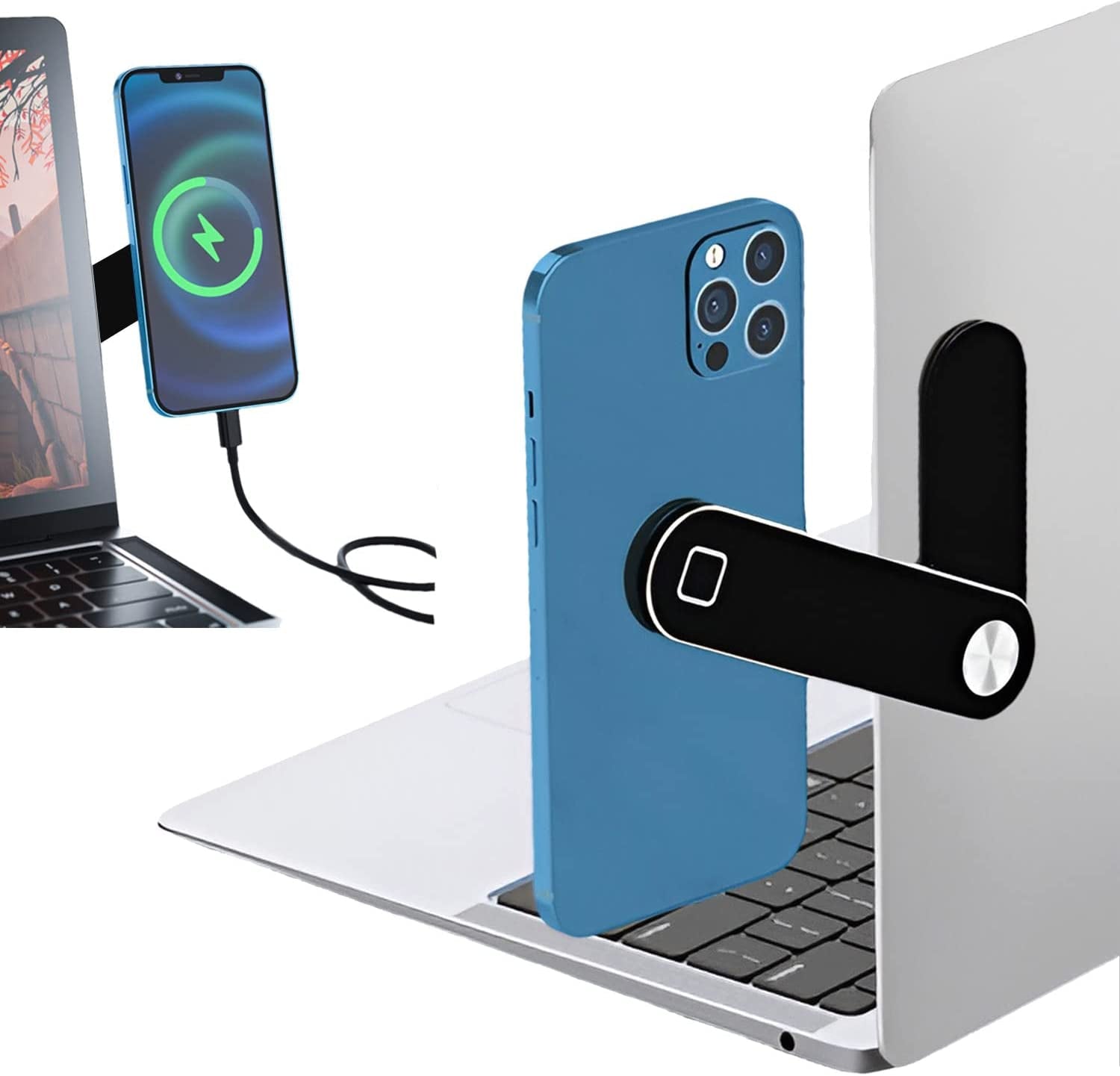 QYHOO Laptop Phone Holder, Adjustable Magnetic Laptop Phone Stand Side Mount Clip, Slim Portable Foldable Computer Monitor Expansion Bracket, Multi-Tasking, Dual Screen (Silver)  QYHOO Black  