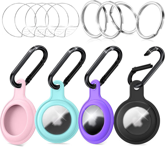 4 Pack Silicone Case for Airtags with Screen Protector Carabiner Keychain Key Ring, Protective Cover Compatible with Apple Airtag Key Finder Tracker Pet Dog Necklace Collar Holder, Air Tag Accessories  Trunple   