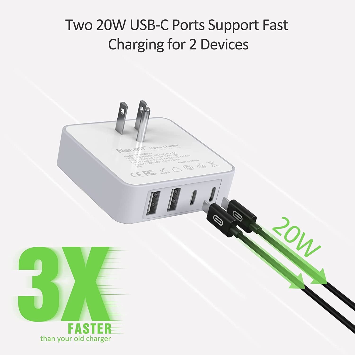 Nekmit USB C Charger, Thin Flat 52W 4-Port Fast Wall Charger with Two 20W Power Delivery and 2 USB Port for Iphone 14/14 Pro/14 Pro Max, Galaxy, Pixel, Ipad Pro, Airpods Pro and More, Upgraded  Nekmit Compact   