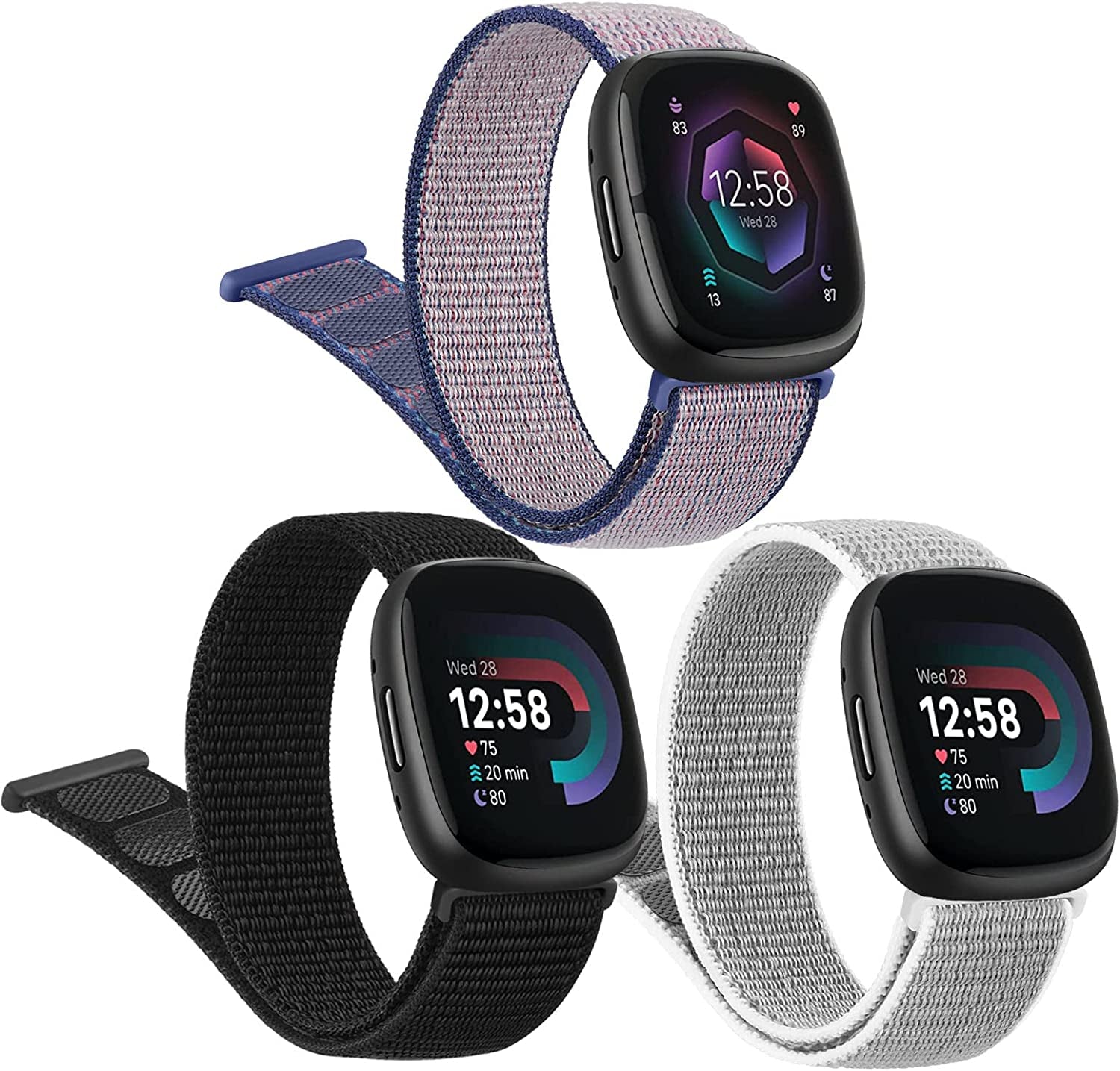 3 Pack Nylon Bands for Fitbit Sense 2/Sense/Versa 4/Versa 3 Bands for Women Men, Soft Breathable Adjustable Replacement Strap Wristbands for Fitbit Sense & Sense 2/Versa 3 & 4 (Black/Cape Code Blue/Seashell)  Vancle Midnight Blue/Black/Seashel  