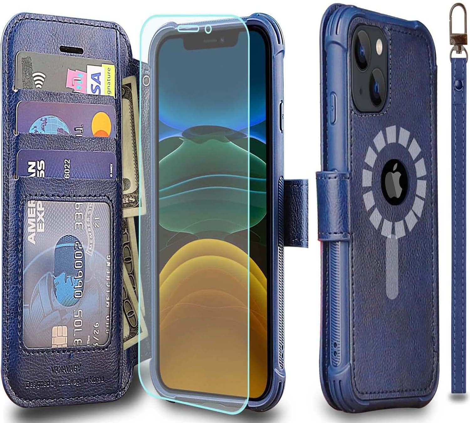 VANAVAGY Iphone 13 Mini Wallet Case Magsafe,Leather Flip Folio Phone Cover Supports Magsafe and Wireless Charging with RFID Block Card Holder and Wrist Strap,Forest Green  VANAVAGY Navy blue  