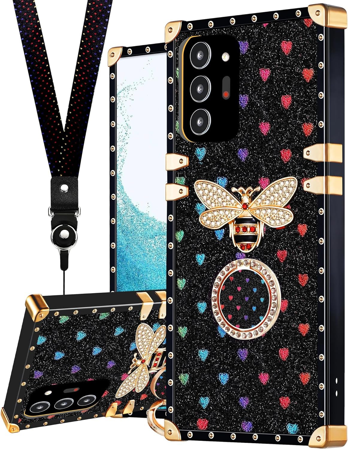 Loheckle for Samsung Galaxy Note 20 Ultra Case for Women, Designer Square Cases for Galaxy Note 20 Ultra with Ring Stand Holder and Lanyard, Stylish Bees Luxury Cover for Note 20 Ultra 6.9''  Loheckle   