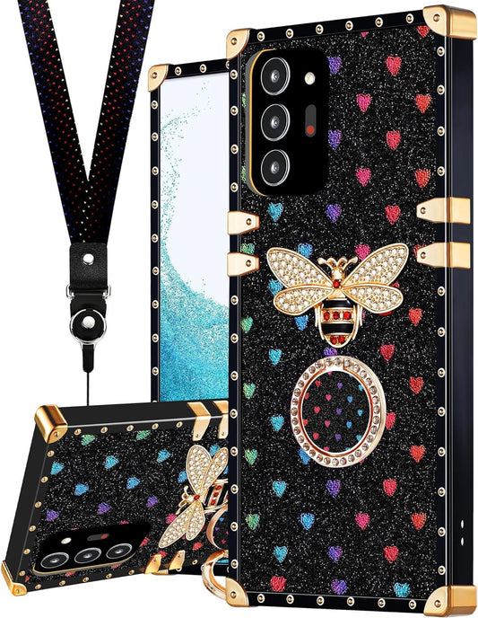 Loheckle for Samsung Galaxy Note 20 Ultra Case for Women, Designer Square Cases for Galaxy Note 20 Ultra with Ring Stand Holder and Lanyard, Stylish Bees Luxury Cover for Note 20 Ultra 6.9''  Loheckle   
