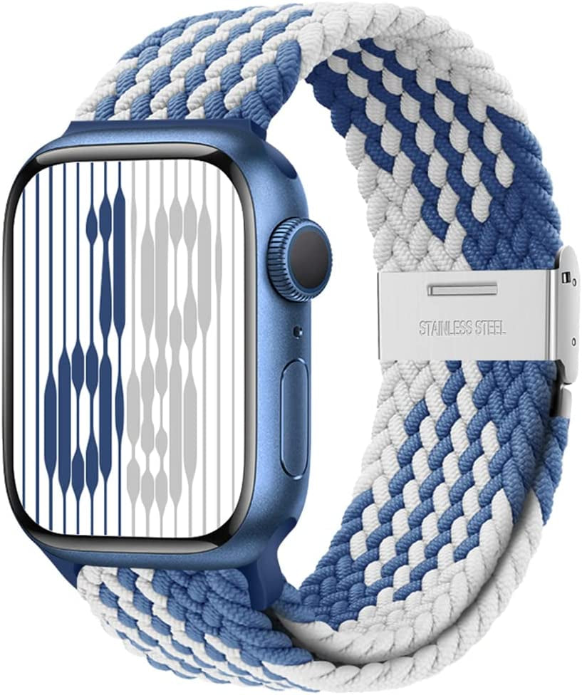 Qimela Compatible with Apple Watch Band 49Mm 45Mm 44Mm 42Mm,Stretchy Sport Solo Loop Strap with Adjustable Buckle,Elastic Nylon Braided Wristband for Iwatch Series 8 7 6 SE 5 4 3 2 1 Ultra,Women Men  FS-TECH Blue/White 38mm/40mm/41mm 