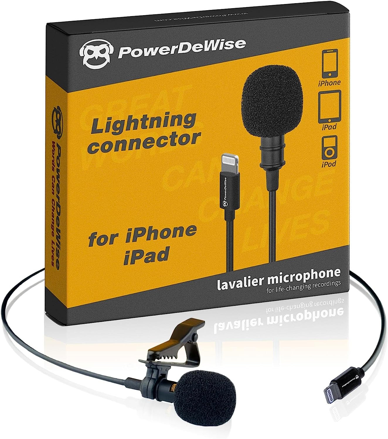 Professional Grade External Lavalier Microphone for Iphone Ipad Ipod - Lapel Omnidirectional Condenser Mic Phone Audio Video Recording Portable Clip-On for Vlogging, Youtube, Interview, Tiktok (12Ft)  PowerDeWise   