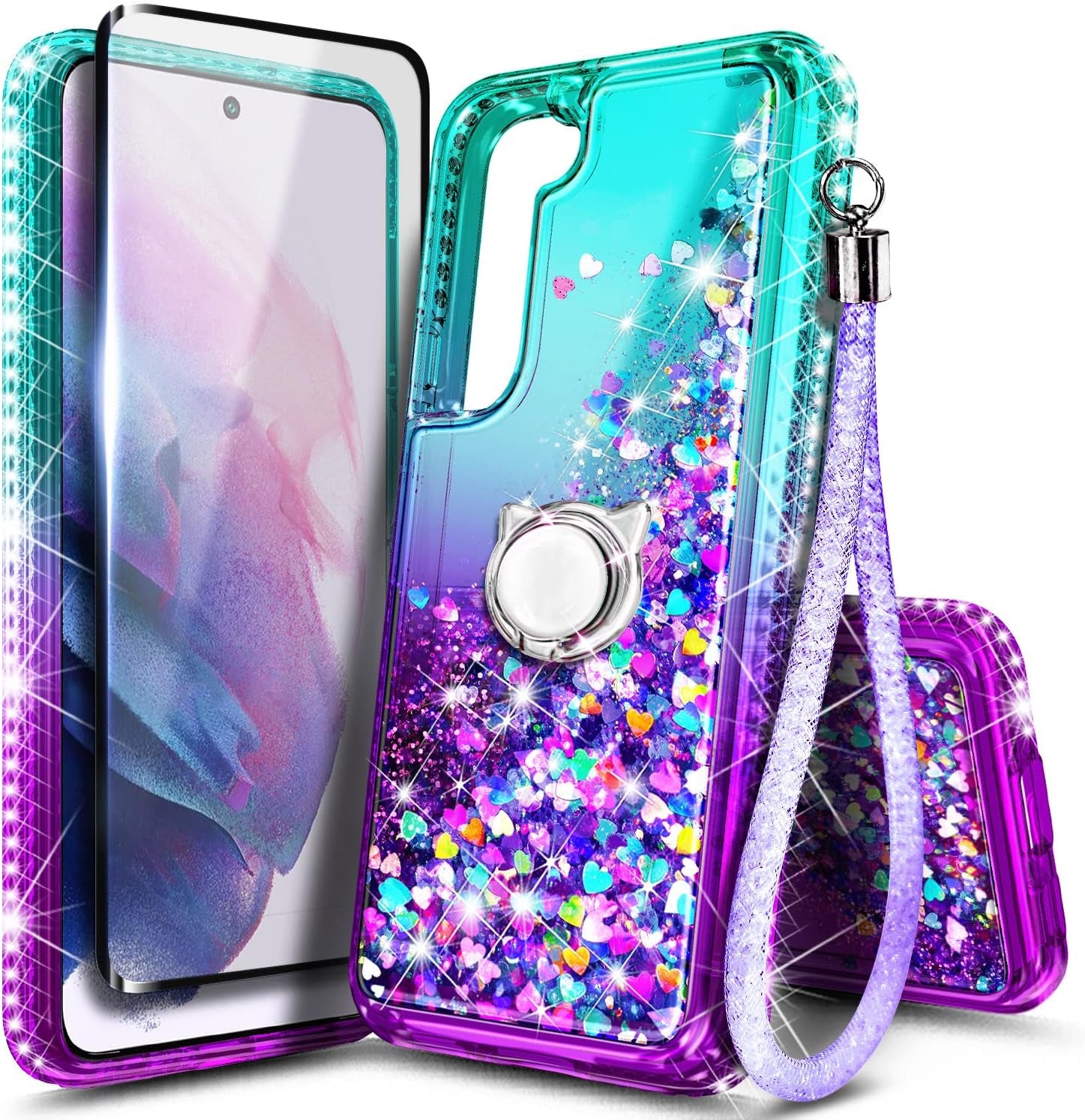 NGB Supremacy Compatible with Samsung Galaxy S22 plus Case (5G 6.6 Inch) with Screen Protector (Maximum Coverage, Flexible TPU), Ring Holder/Wrist Strap, Glitter Liquid Cute Case (Crystal Gem)  NGB Supremacy Aqua/Purple  