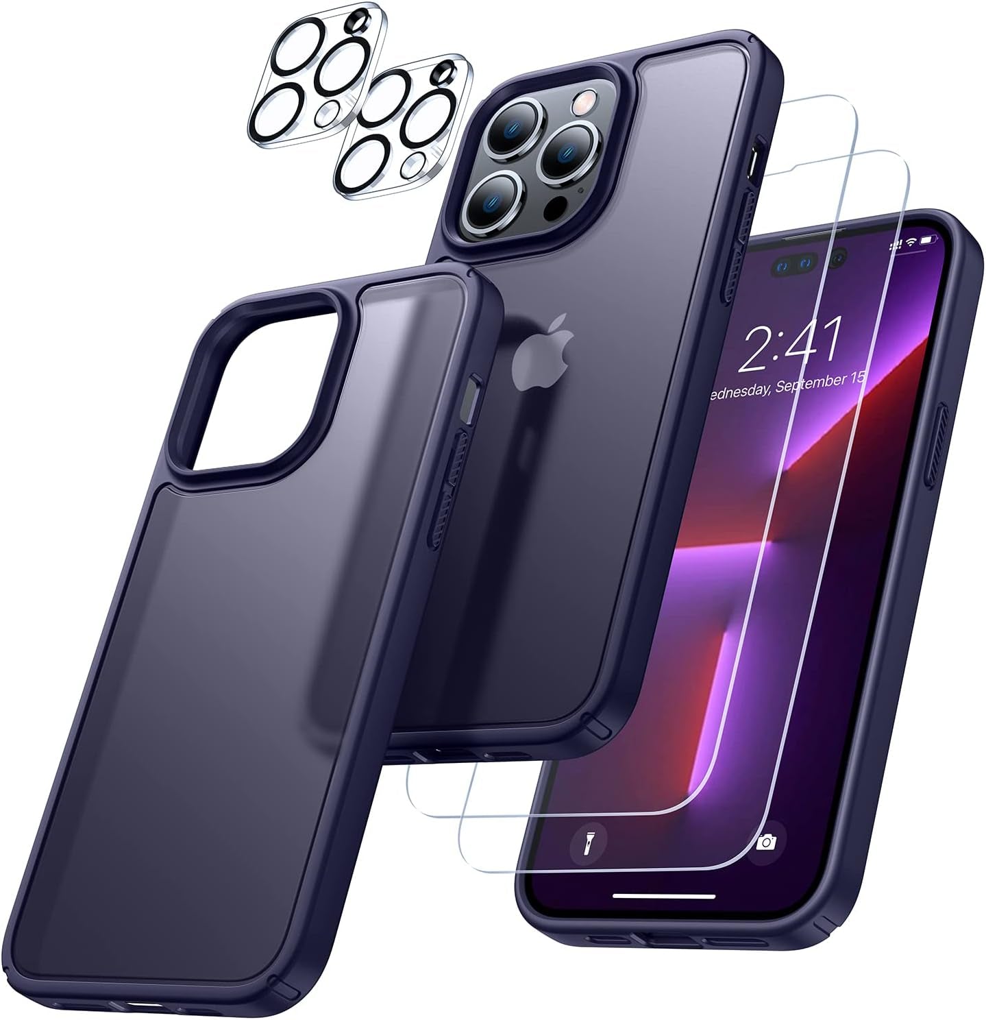 Humixx [5-In-1] Designed for Iphone 14 Pro Case, [10FT Military Shockproof] Slim&Sleek Protective Translucent Matte 2X Tempered Screen Protector + 2X 9H Lens Protector Case for Iphone 14 Pro, Black  Humixx   