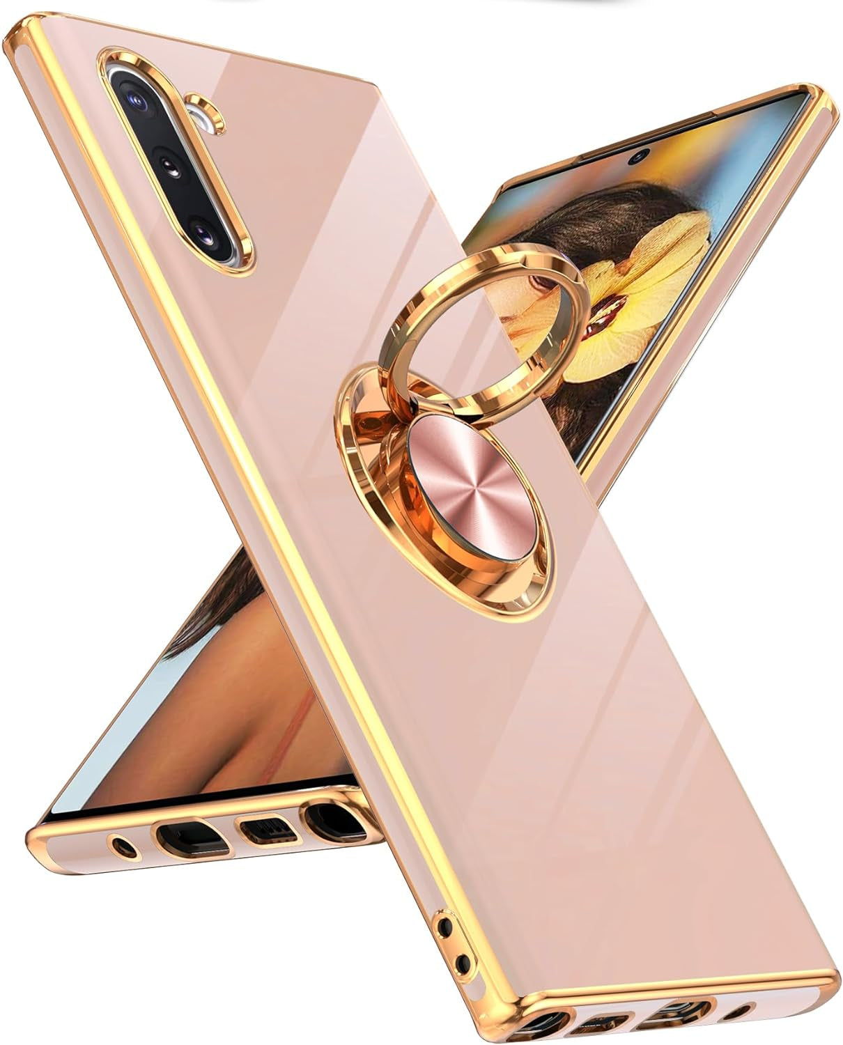 Leyi for Samsung Galaxy Note 10 Case 360° Rotatable Ring Holder Magnetic Kickstand, Plating Rose Gold Edge Protective Case [ Not Applicable Note 10 Plus], White  LeYi Pink  