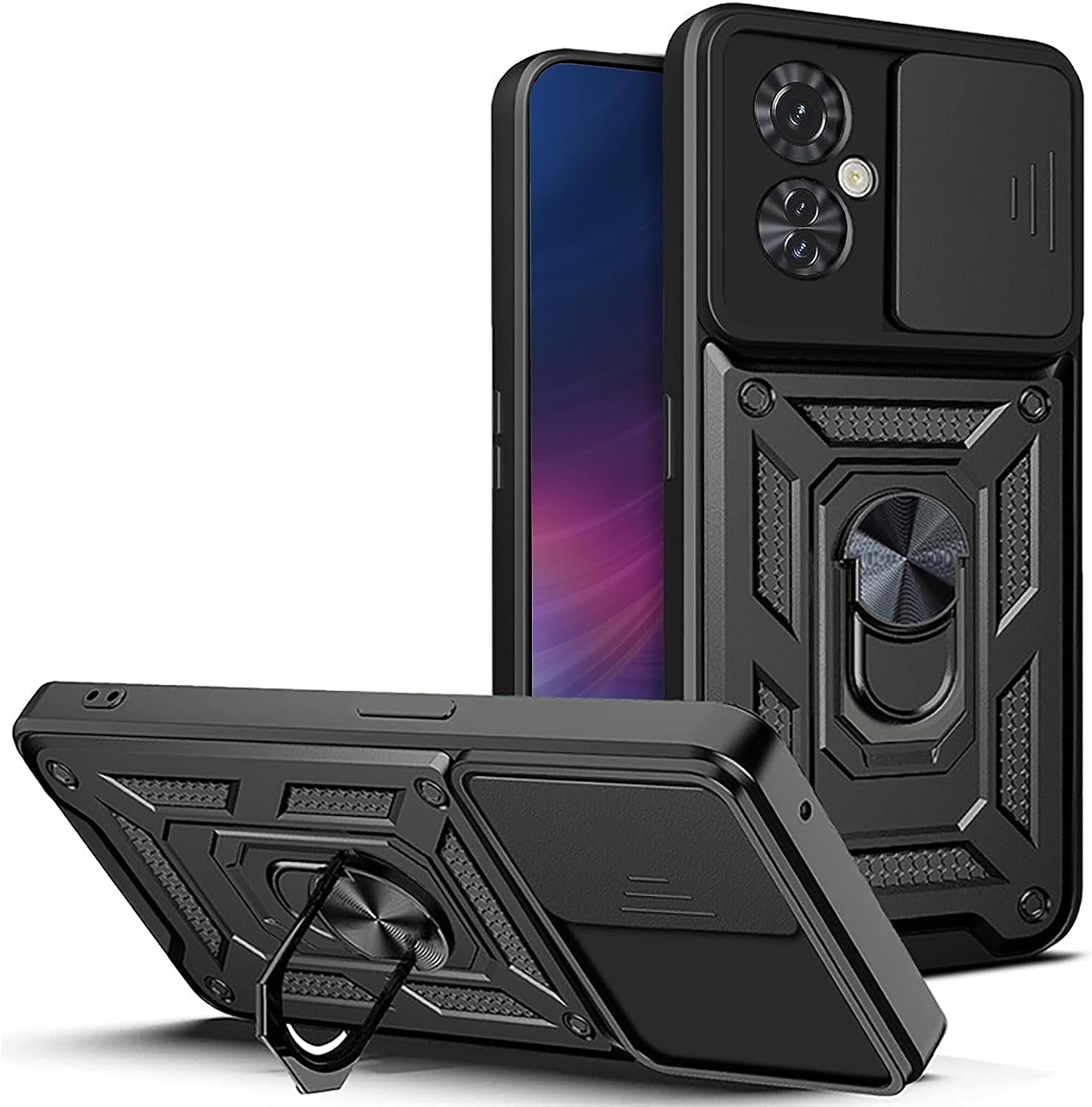 TERPINK Protective Case Compatible with Oneplus Nord N30 5G, Cell Phone Case with 4 Corner Drop Protection, Shock-Absorption, Non-Slip, Brushed Finish, Flexible Soft TPU (Brushed Black)  TERPINK Black-With Folding Stand And Camera Slide Cover  